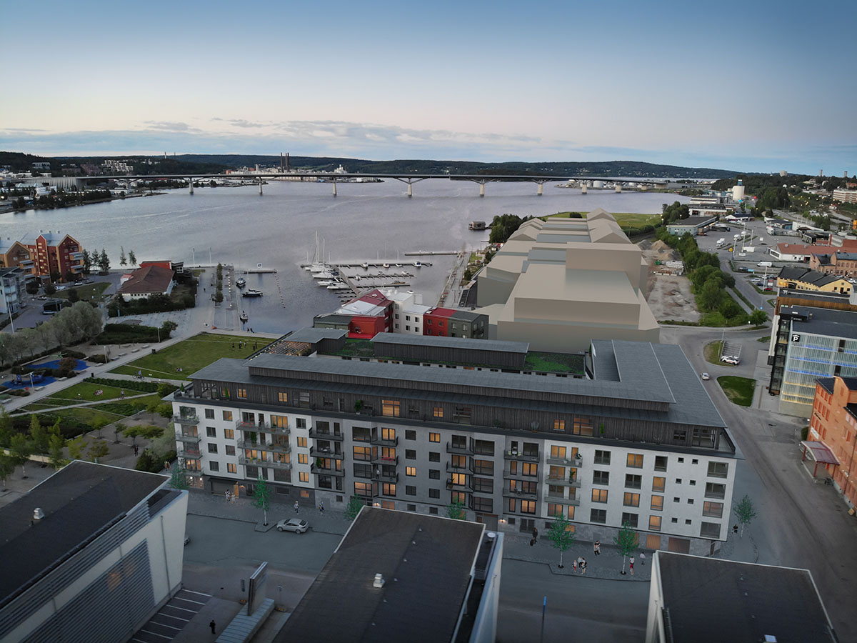 Vy över fastigheten och Sundsvalls inre hamn